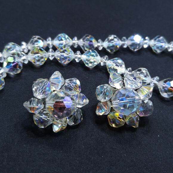Vintage AB Crystal Beaded Necklace & Clip Earring Set - Picture 9 of 10